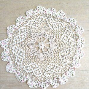 Handmade Crocheted 15 inches Round Doily with Scalloped Edges & Pastel Accents